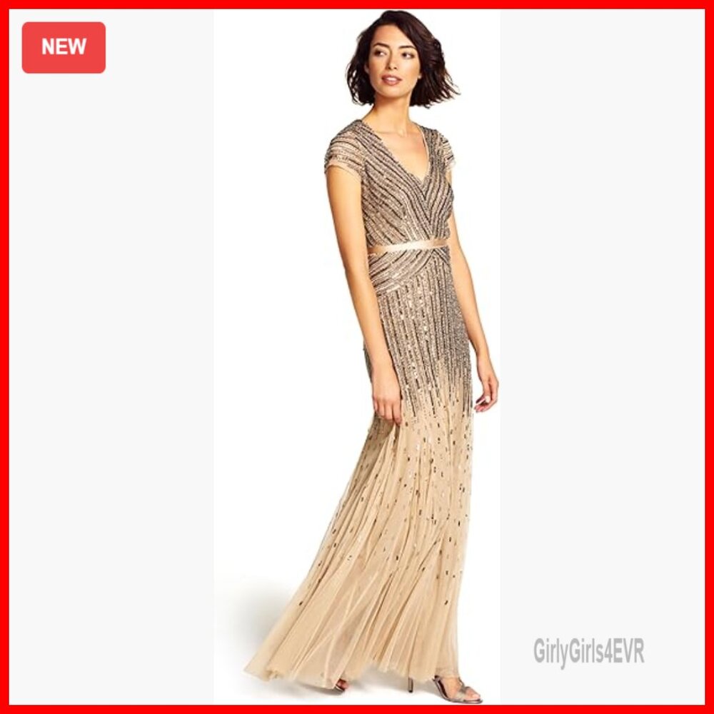 Long Beaded Sequin Formal Dress V-Neck Cap Sleeves Waistband
